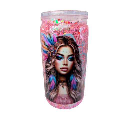 GIRL WITH FEATHERS SNOWGLOBE TUMBLER