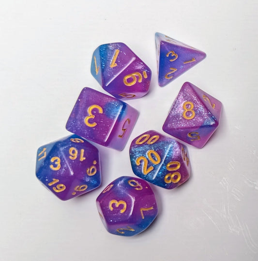 Purple and blue DND dice