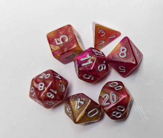 Pink and yellow DND dice