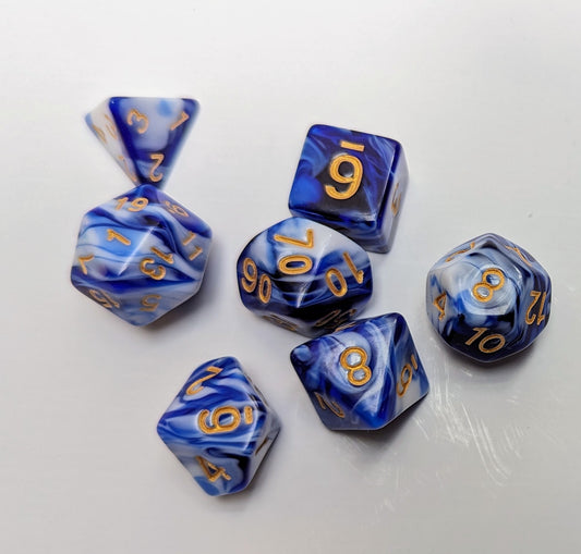 Blue and white DND dice