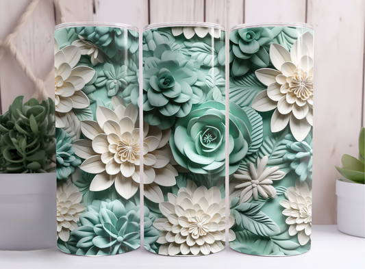 TEAL WHITE FLOWERS TUMBLER